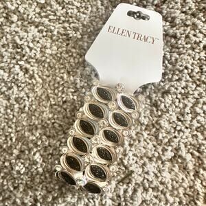Ellen Tracy Bracelet Stretch Silver Tone Black Clear Crystal Accents NEW
